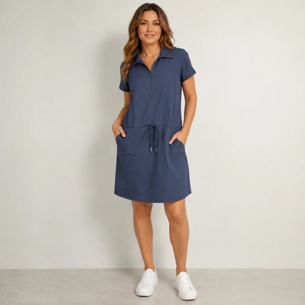 Spanx Sunshine Collared Drawstring Waist Dress XL Navy Blue Carry On Athleisure